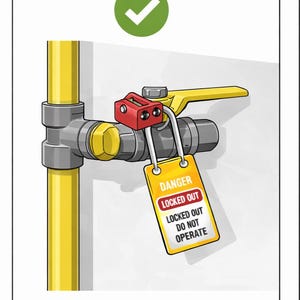 May include: Illustration of a yellow pipe with a gray valve and a red lock. A yellow tag with the words "DANGER LOCKED OUT DO NOT OPERATE" hangs from the lock. The word "CORRECT" is written in green at the bottom.