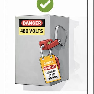 May include: Illustration of a gray electrical panel with a red and yellow lock. The panel has a "DANGER 480 VOLTS" sign. A yellow tag on the lock reads "DANGER LOCKED OUT, LOCKED OUT DO NOT OPERATE". A green checkmark and the word "CORRECT" are also present.