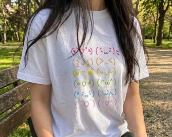Cute Kaomoji Shirt, Pastel Rainbow Emoticon Tee, Japanese Text Face T-Shirt, Kawaii Aesthetic Clothing, Harajuku Style Top, Anime Gift