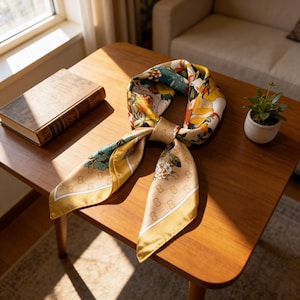 Peut inclure: Foulard en soie avec un motif floral dans les tons de jaune, vert et orange. Le foulard est noué et posé sur une table en bois. Un livre et une petite plante en pot sont également visibles.