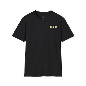May include: Black crew neck t-shirt with the gold text "DTC" on the chest. The shirt is made of a soft material and has short sleeves. The shirt is a basic, everyday wear item.