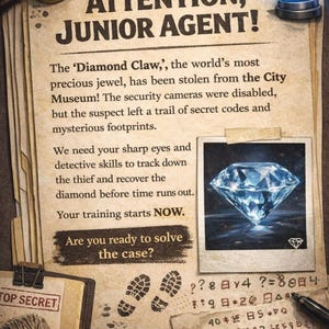 Detective Scavenger Hunt: The Missing Diamond Mystery. Spy Party Kit with Cipher, Suspect Board & ID Card. Kids Mystery Game Printable