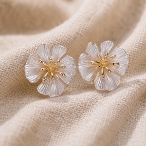 14K Gold Filled Shell Pearl Flower Stud Earrings, Botanical Floral Wedding Jewelry