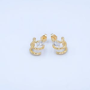 Triple Hoop Earrings, Gold Claw C-Shaped Studs, Oval CZ Illusion Jewelry Gift