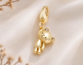 14K Gold Filled Teddy Bear Charm, 3D CZ Ears Clip-On Pendant, Minimalist Animal Jewelry