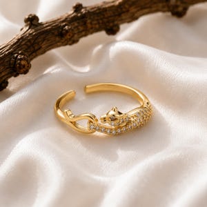 Gold Panther Wrap Ring, Dainty Micro Pave Crystal Animal Jewelry