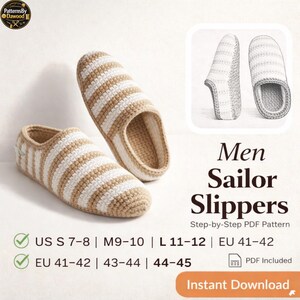 Może przedstawiać: Para ręcznie robionych kapci z szydełka w paski w kolorze beżowym i białym. Obraz zawiera rysunek linii kapci oraz tekst „Men Sailor Slippers” i „Instant Download”. Rozmiary są wymienione jako EU 41-42, 43-44 i 44-45.