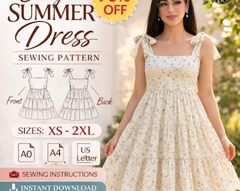 Easy Summer Dress Sewing Pattern PDF, Tiered Ruffle Dress XS–XXXL, Tie Strap Sundress Pattern, Easy Sewing Pattern, Instant Download