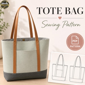 Puede incluir: Un patrón de costura para bolso tote con cuerpo gris claro, base gris oscuro y asas color canela. El texto dice TOTE BAG Sewing Pattern e incluye un icono de PDF. Un dibujo lineal muestra las vistas frontal y trasera del diseño.
