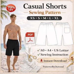May include: Image of a sewing pattern for casual shorts. The design includes a PDF download, size options from XS to XL, and sewing instructions. A man is wearing black shorts on a beach.