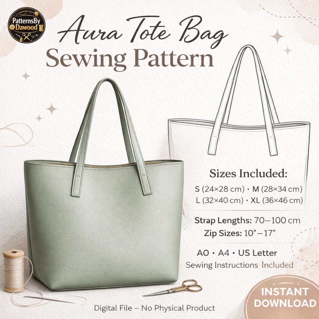 Aura Tote Bag Sewing Pattern PDF | Tote Bag Pattern | Easy Tote Bag ...