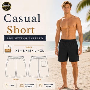 May include: Black casual shorts with an elastic waistband, shown on a man standing on a beach. The image includes a PDF sewing pattern for the shorts, with size options from XS to XL. Text on the image reads "Casual Short" and "Everyday Wear."
