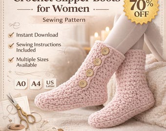 Crochet Slipper Boots Pattern PDF for Women, Chunky Crochet Booties Pattern, DIY House Slippers, Instant Download A0 A4 US Letter