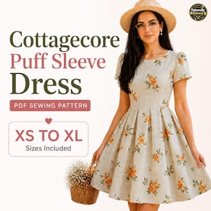 Cottagecore Dress Sewing Pattern PDF, Puff Sleeve Dress Pattern, Fit and Flare A-Line Dress, Vintage Summer Dress, XS-XL