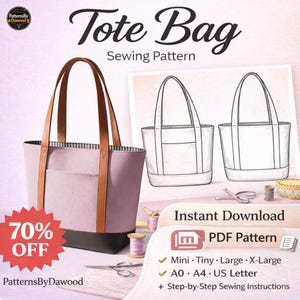 Può includere: Una borsa tote rosa con manici e dettagli in pelle marrone, una base nera e una tasca frontale. L'immagine include un'illustrazione del modello di cucito, il testo "Tote Bag Sewing Pattern" e una promozione "70% OFF".