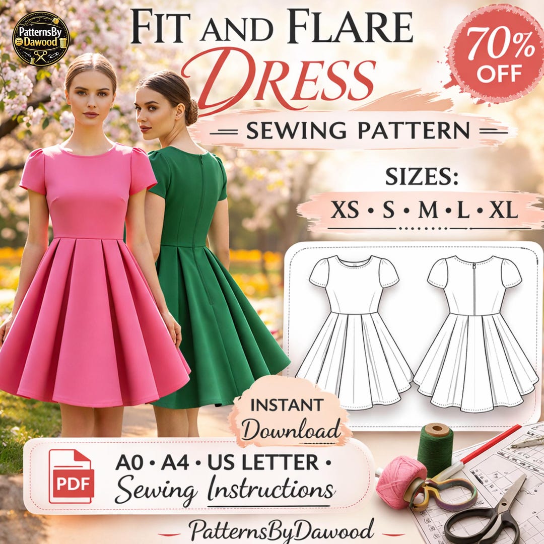 Fit and Flare Dress Sewing Pattern Pdf, Short Sleeve A-line Pleated ...