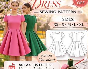 Fit and Flare Dress Sewing Pattern Pdf, Short Sleeve A-Line Pleated Skirt Pattern, XS-XL, A0 A4 Us Letter, Instant Download