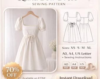Luna Bow Dress Sewing Pattern PDF | Digital Sewing Pattern A0 A4 US Letter | Easy Beginner Friendly DIY Dress | Instant Download