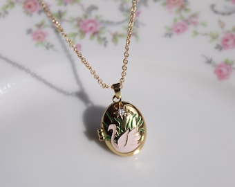 Swan Locket Necklace with Photo, White Swan Necklace