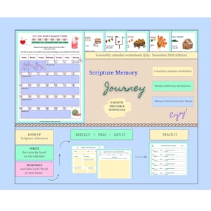May include: A 6-month printable scripture memory journey worksheet set for July through December 2026. Includes weekly calendar pages, reflection worksheets, and memory verse overview sheets with colorful graphics, instructional text, and tracking sections.