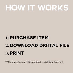 May include: A beige graphic with white text that reads "HOW IT WORKS". Below, numbered steps explain the process: 1. PURCHASE ITEM, 2. DOWNLOAD DIGITAL FILE, 3. PRINT. The text at the bottom states, "No physicals copy will be provided. Digital Downloads only."