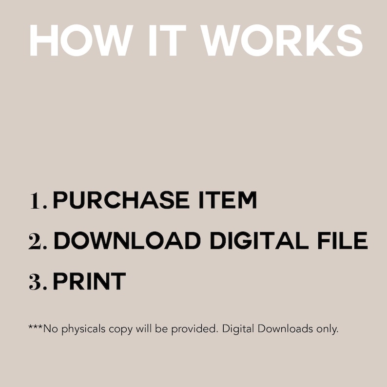 May include: A beige graphic with white text that reads "HOW IT WORKS". Below, numbered steps explain the process: 1. PURCHASE ITEM, 2. DOWNLOAD DIGITAL FILE, 3. PRINT. The text at the bottom states, "No physicals copy will be provided. Digital Downloads only."