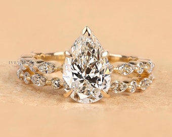 Pear Lab Grown Diamond Engagement Yellow Gold Bridal Ring Set, Vintage Inspired Wedding Ring