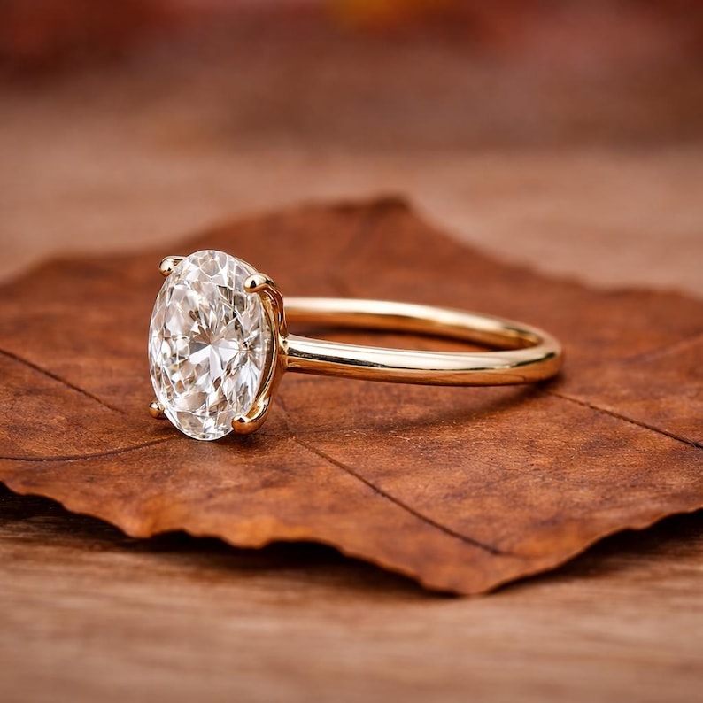 Oval Lab Grown Diamond Engagement Ring 18K Solid Yellow Gold Simple ...