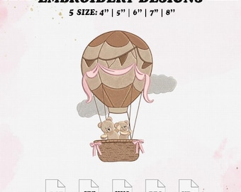 Baby Bear Hot Air Balloon Embroidery Design, Baby Embroidery File, 5 Size.