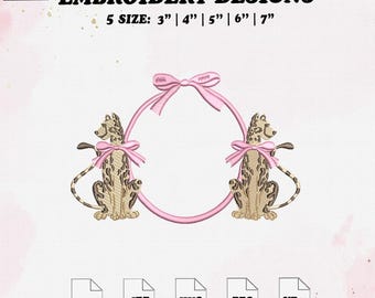 Chinoiserie Cheetah Frame Embroidery Design, Wreath Embroidery File, 5 Size, Instant Download.