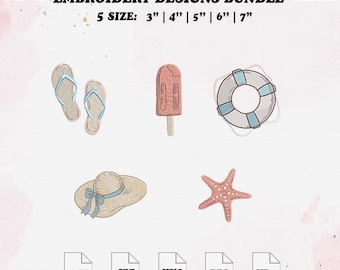 Summer Embroidery Bundle File, Beach Embroidery Design, 5 Size, Instant Download.
