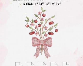 Bow Cherry Bouquet Embroidery Design, Cherry Blossom Embroidery File, 5 Size, Instant Download.