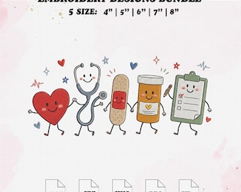 Nurse Doodle Embroidery File, Nurse Characters Funny Embroidery Design, 5 Size.