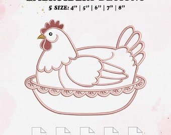 Hen In A Nest Applique Embroidery Design, Thrifting Embroidery File, 5 Size, Instant Download.