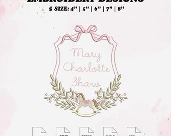 Rocking Horse Frame Embroidery Design, Monogram Bow Embroidery File, 5 Size, Instant Download.