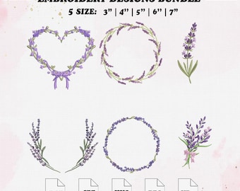 Lavender Embroidery File, Mini Floral Wreath Frame Machine Embroidery Files, 5 Size, Instant Download.