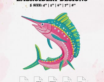 Preppy Sailfish Embroidery File, Coastal Embroidery Design, 5 Size.