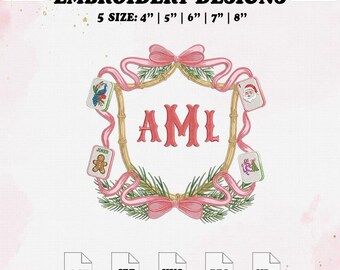 Mahjong Christmas Monogram Frame Embroidery Design, Bow Wreath Embroidery File, 5 Size.