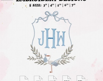 Baby Monogram Embroidery Design, Stork Embroidery File, 5 Size, Instant Download.