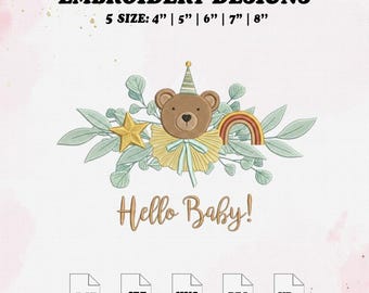 Birthday Teddy Bear Embroidery Design, Baby Embroidery File, 5 Size.