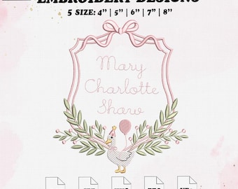 Goose Birthday Frame Embroidery Design, Monogram Bow Embroidery File, 5 Size, Instant Download.
