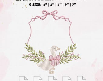 Goose With Frame Sketch Embroidery Design, Monogram Bow Embroidery File, 5 Size, Instant Download.
