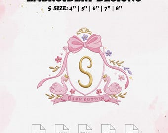 Swan Floral Embroidery File, Baby Monogram Embroidery Design, 5 Size.