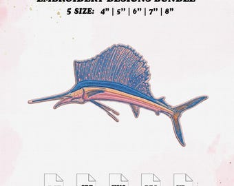 Summer Sailfish Embroidery File, Coastal Embroidery Design, 5 Size.