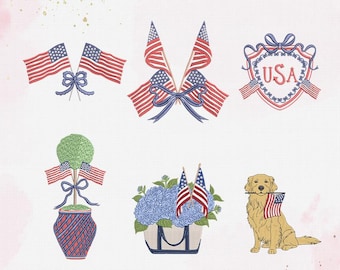 Set 6 USA Embroidery Design, 4th Of July Embroidery File, 5 Size, Instant Download.