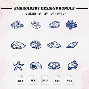 Könnte beinhalten: Ein Stickdesign-Bundle mit verschiedenen Muschelmotiven in Blau. Das Bild enthält einen Seestern, Korallen und verschiedene Muscheltypen. Der Text oben lautet "EMBROIDERY DESIGNS BUNDLE" und "5 SIZE: 3" | 4" | 5" | 6" | 7" ".