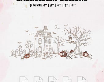 Halloween Manor Line Art Embroidery File, Spooky Embroidery Design, Gothic Autumn, 5 Size.