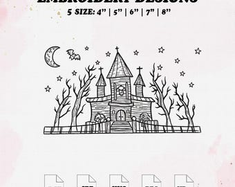 Haunted Scene OutLine Embroidery Designs, Halloween Embroidery file, Gothic Autumn, 5 Size.