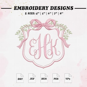 May include: Embroidery design featuring the letters EHK in a pink script font, framed by a pink ribbon bow and green leafy vines. Text includes EMBROIDERY DESIGNS, 5 SIZE: 4" | 5" | 6" | 7" | 8", and file formats DST, JEF, HUS, PES, VP3.