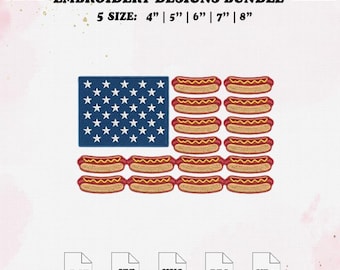Patriotic Hot Dog Flag Embroidery File, 4th july Funny Summer Embroidery Design, 5 Size.